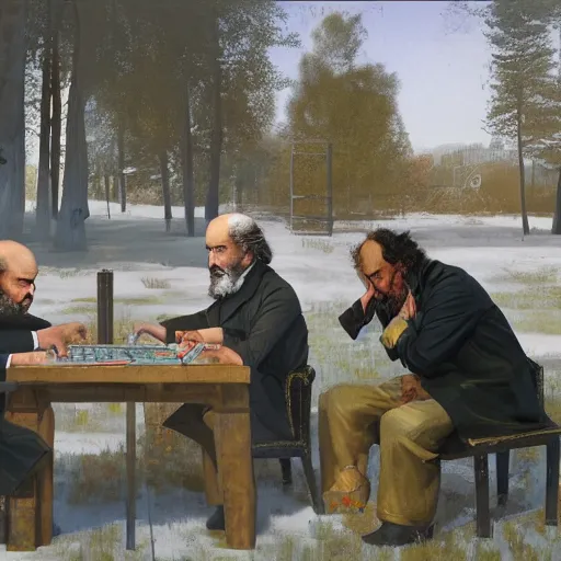 Prompt: karl marx and lenin playing mahjong in park by stalenhag and rutkowski, concept art, oil painting