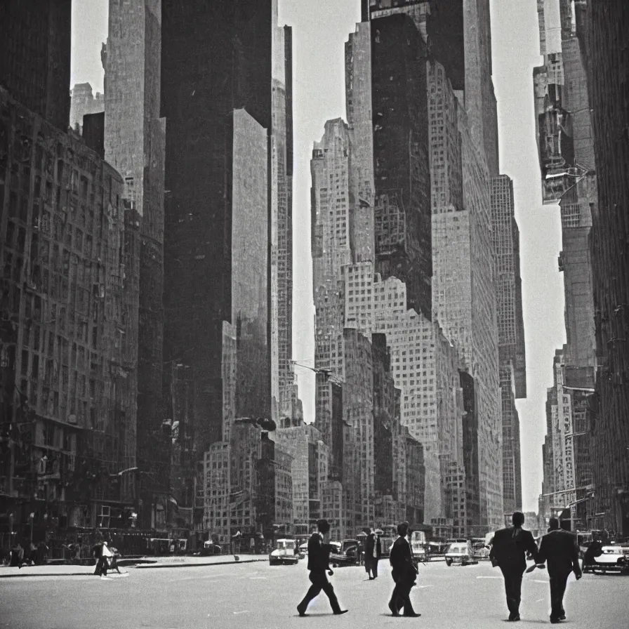 Image similar to a couple of men walking down a street next to tall buildings in new york, 1 9 6 0 s, colour film street photography, photo taken with ektachrome, featured on flickr, film grain