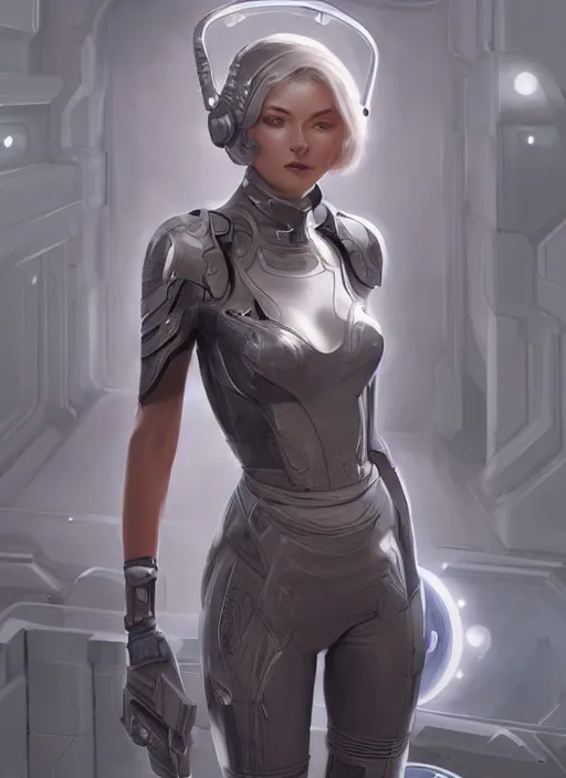 Image similar to Beautiful female character in futuristic maid outfit, sci-fi, intricate, elegant, highly detailed, digital painting, CGSociety, artstation, concept art, smooth, sharp focus, illustration, art by artgerm and greg rutkowski