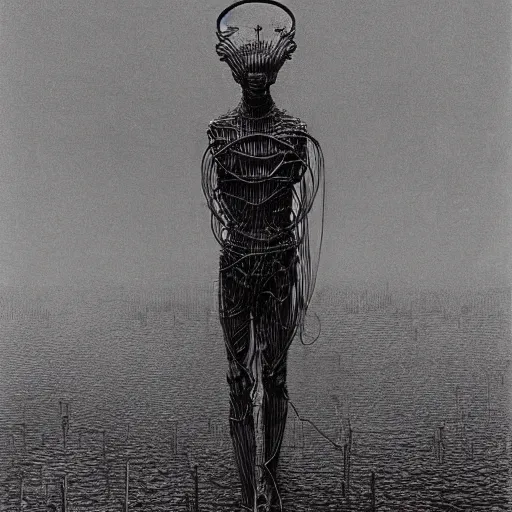 Image similar to a man made of wire, by beksinski and wayne barlowe,