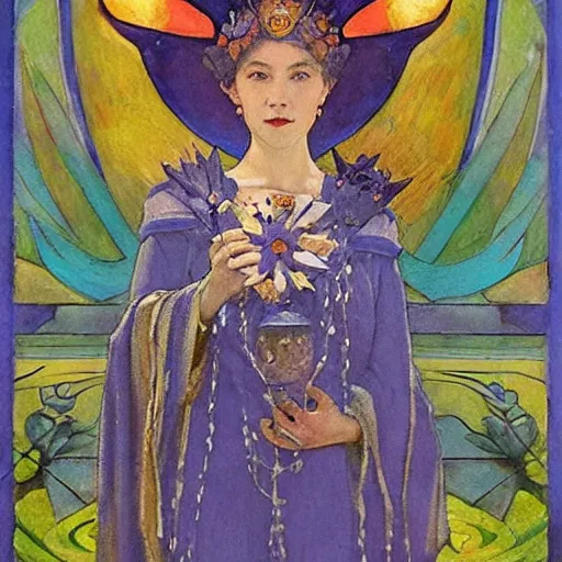 Image similar to queen of the dawn with her lantern and regalia, by Annie Swynnerton!! and Nicholas Roerich! and ((((((Tino Rodriguez and Diego Rivera)))))), embroidered robes, floral tattoos, bioluminescent skin!, elaborate costume, geometric ornament, symbolist, soft colors, dramatic lighting, smooth, sharp focus, extremely detailed