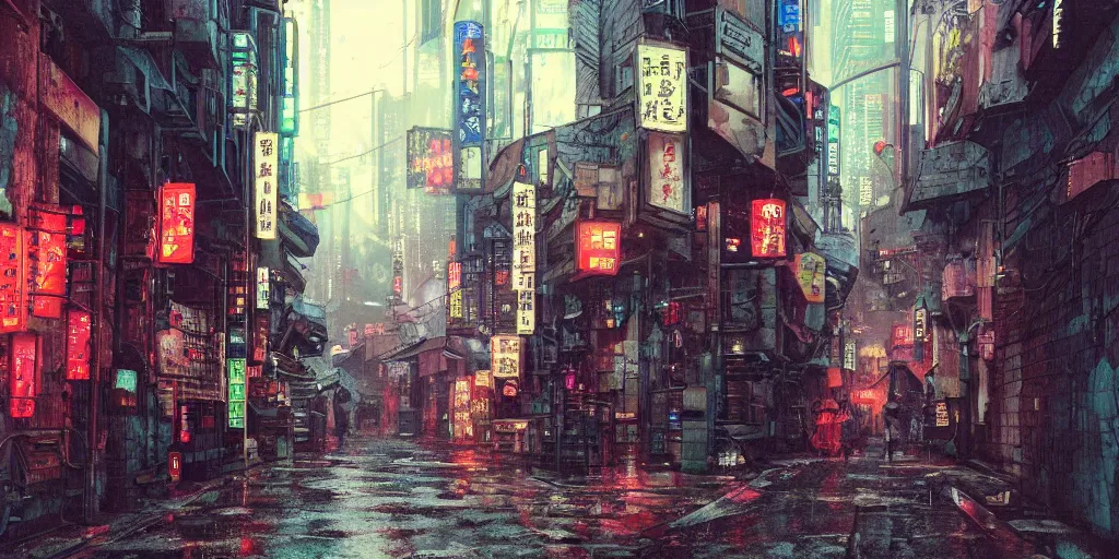 Image similar to Cyberpunk back alley on a rainy day in Japan, low angle view, detailed matte painting, cinematic, Moebius, Artstation