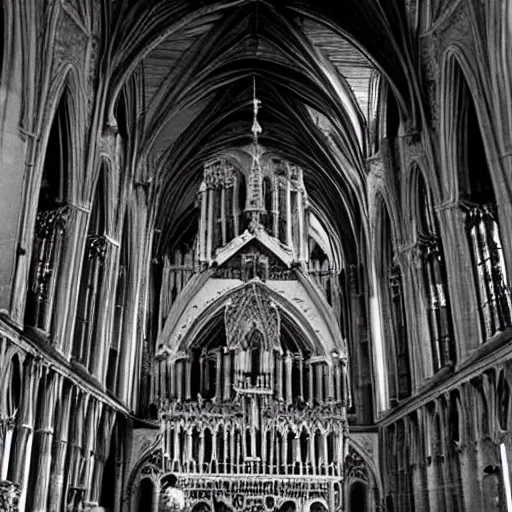 Prompt: A cathedral made out of skulls. Dream like, muted colors, dark, dreary.