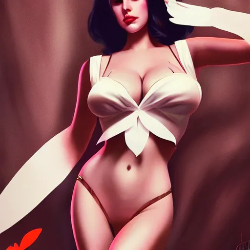 Image similar to detailed photo of lana del rey wearing a playboy bunny outfit, bunny ears, 8 k, by greg rutkowski, artgerm, in the style of playboy magazine