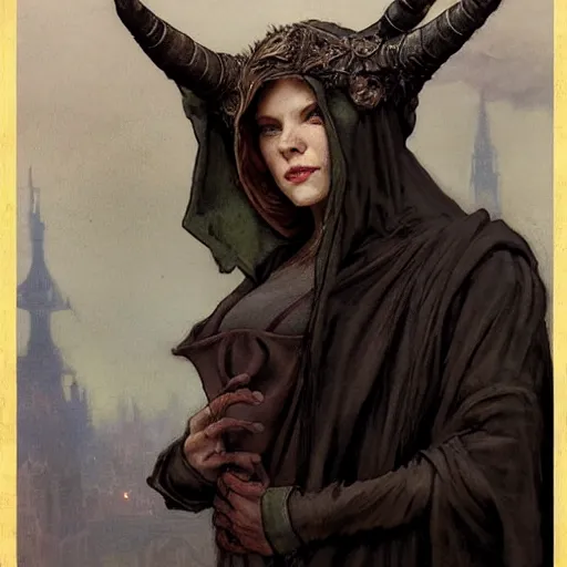 Image similar to masterpiece portrait of a clothed hooded surly and resentful female tiefling thief with horns under the hood, by Greg Rutkowski and John Collier and Krenz Cushart and Artem Demura and Alphonse Mucha and Albert Aublet, as seen on ArtStation, 4k, dungeons and dragons, very aesthetic, very detailed, intricate, unreal, fantasy, dramatic, painterly, artstation, sharp focus, smooth