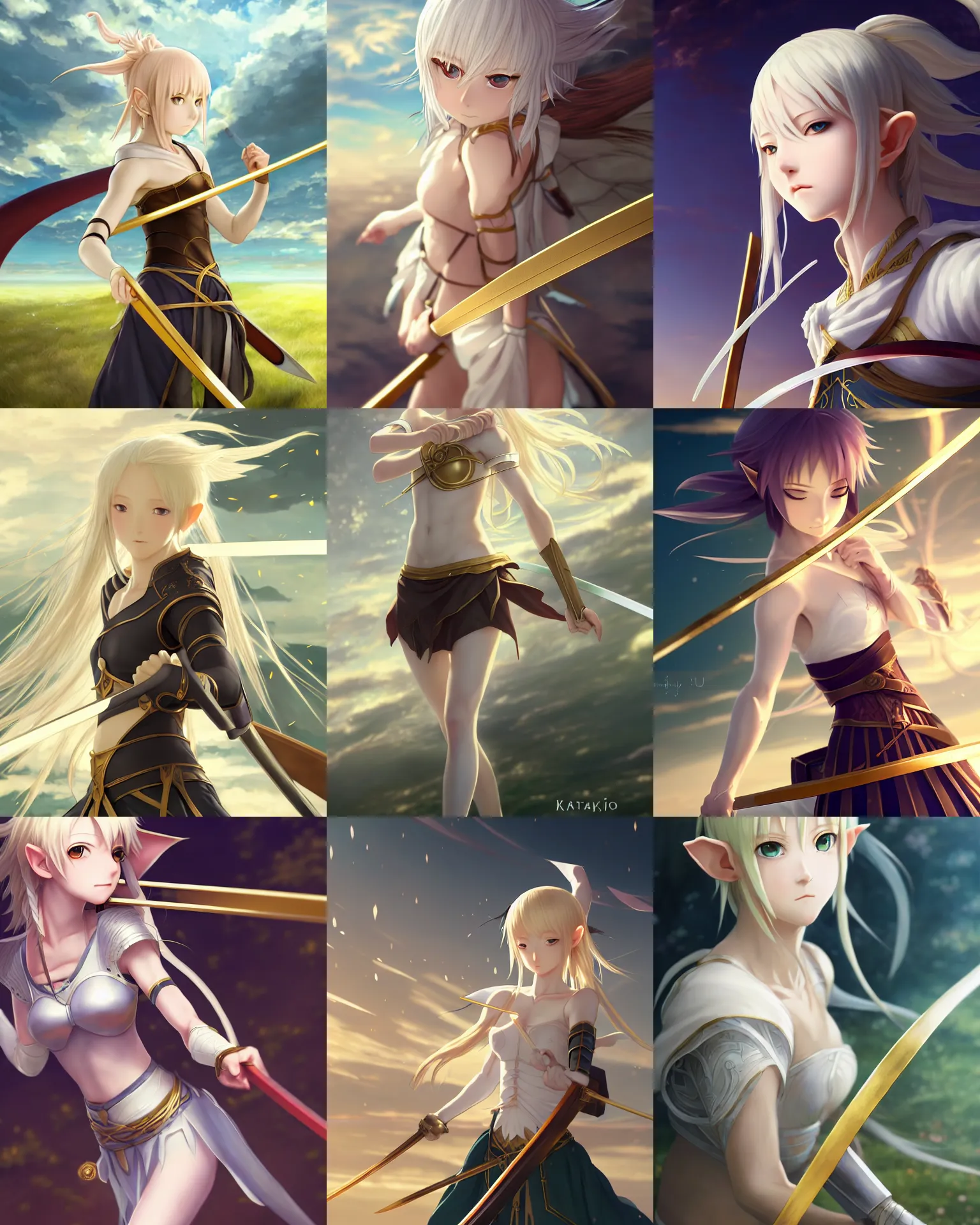 Prompt: renaissance art elf girl with white skin, katana in hand, golden hair blowing the wind, trending artistic art, soft anime, dynamic photography, photorealistic, fate zero, realistic face, extremely high detailed, bokeh color background, studio ghibly makoto shinkai yuji yamaguchi, wlop