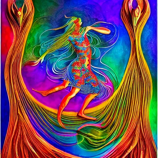 Prompt: a beautiful and chaotic poetic painting with almost quantum details of alchemy to make eternal an instant that transforms into beings and forms that mutate while dancing in a ritual of cosmic elevation, hydrodipped, carved lacquer, fretwork, colorful, rainbow, soft lighting, refractive