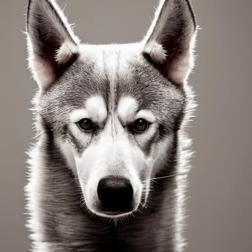 Prompt: 4 k photograph of an incredibly skinny husky dog, skeletal, indoors