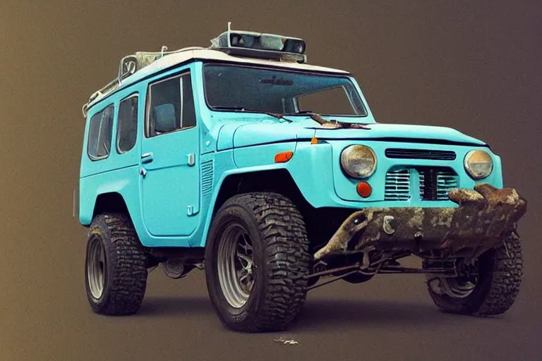 Image similar to digital illustration of a faded cyan mad max's fj 4 0 decrepit!!!! pursuit special, rusty!!! nissan fj cruiser heavily modded 1 9 9 0 s, the last v 8 interceptor by makoto shinkai, ilya kuvshinov, lois van baarle, rossdraws, basquiat