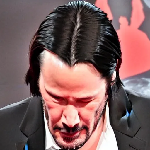 Image similar to Keanu Reeves facepalming over how bad Cyberpunk 2077 was