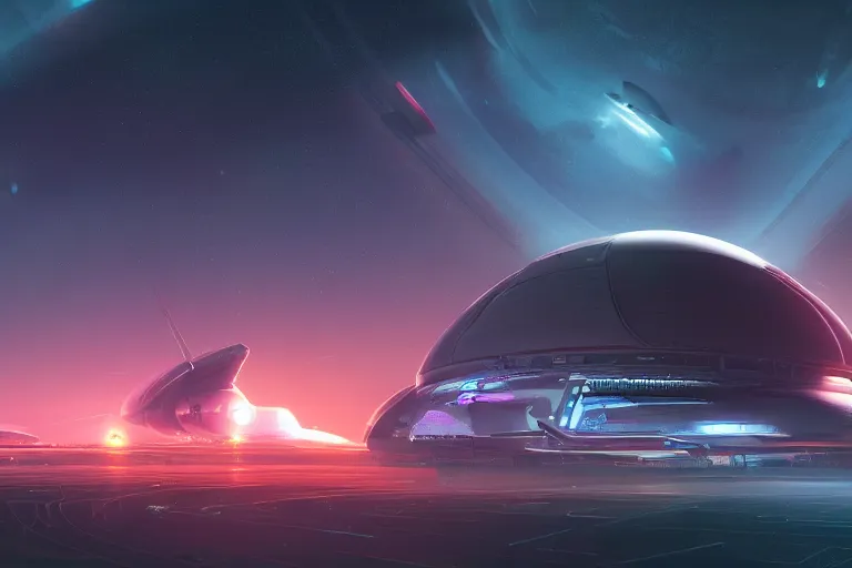 Image similar to a distant futuristic military installation, on the horizon, sleek, menacing, glowing lighting and neon signs, Raymond Swanland and Jessica Rossier nebula like clouds in space background near a ringed gas giant, hyper detailed hyper detailed, 8k, ultra realistic, cinematic lighting, ultra wide 35mm lens, Boeing Concept Art, Lockheed concept art