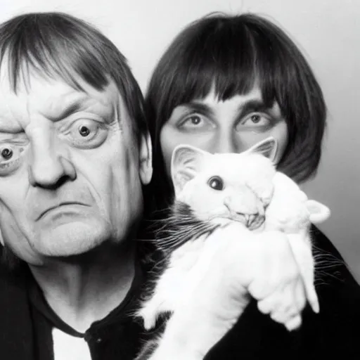 Image similar to mark e smith holding up a cat by the tail, sniffing the cat