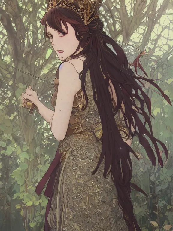 Image similar to anime key visual of jodie marie comer the enchantress wearing a medieval gown!! intricate, magical forest, stunning, highly detailed, digital painting, artstation, smooth, hard focus, illustration, art by artgerm and greg rutkowski and alphonse mucha