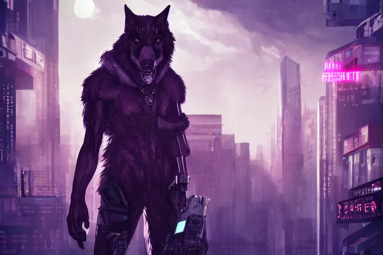 Prompt: a transhuman wolf in a cyberpunk city, trending on artstation, by kawacy, neon backlighting, furry art