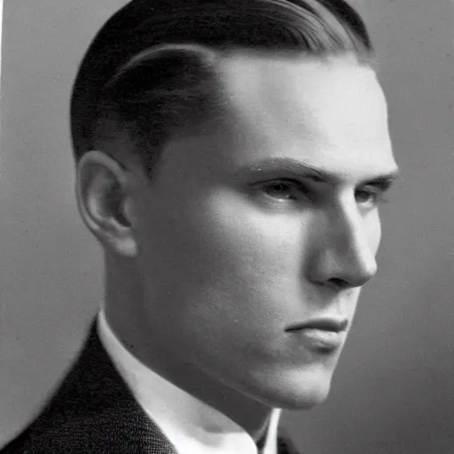 Image similar to A photograph portrait of Jerma985 wearing a suit with short slicked hair in the early 1930s, taken in the early 1930s, grainy, taken on a early 1930s Kodak Camera, realistic, hyperrealistic, very realistic, highly detailed, very detailed, extremely detailed, detailed, digital art, trending on artstation