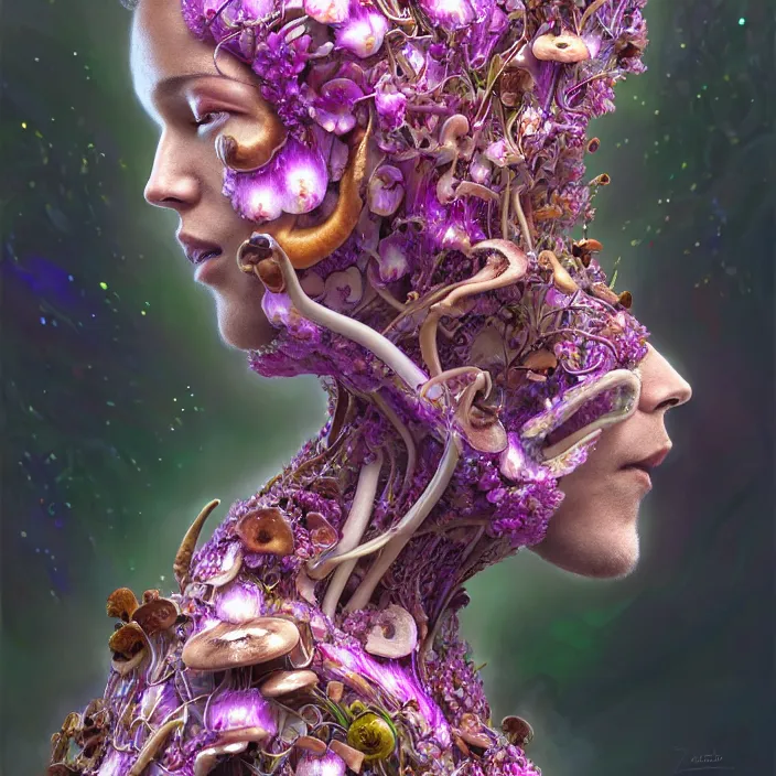 Prompt: extremely psychedelic organic cyborg made of orchid and cherry blossom tree and mushroom, diffuse lighting, fantasy, intricate, elegant, highly detailed, lifelike, photorealistic, digital painting, artstation, illustration, concept art, smooth, sharp focus, art by John Collier and Albert Aublet and Krenz Cushart and Artem Demura and Alphonse Mucha