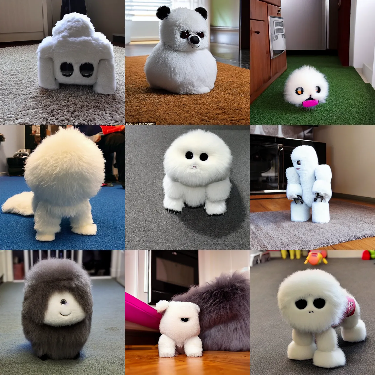 Prompt: <picture quality=hd+ mode='attention grabbing'>an adorable fluffy robot misbehaves and pees on the rug</picture>
