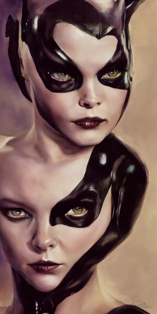 Image similar to full figure hyper realistic painting of young michelle pfeiffer as catwoman, hyper detailed, by clay mann, ayami kojima and greg rutkowski, trending on artstation, 3 light sources, rule of thirds, dutch angle