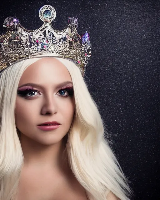 Prompt: fantasy closeup macro portrait of a heavenly beautiful cute young royal fantasy goddess queen with long straight platinum blonde hair,flirting smiling, vibrant high contrast, octane,arney freytag, Fashion photo shoot,, glamorous, tattoos,shot in the photo studio, backlit, rim lighting, 8k