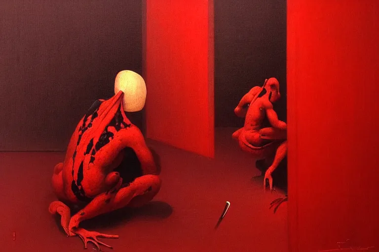 Image similar to only with red, a red samurai do seppuku, tokio, a lot of frogs watch, in the style of beksinski, parts by edward hopper, parts by rodcenko, parts by yue minjun, intricate and epic composition, red by caravaggio, insanely quality, highly detailed, masterpiece, red light, artstation, 4 k