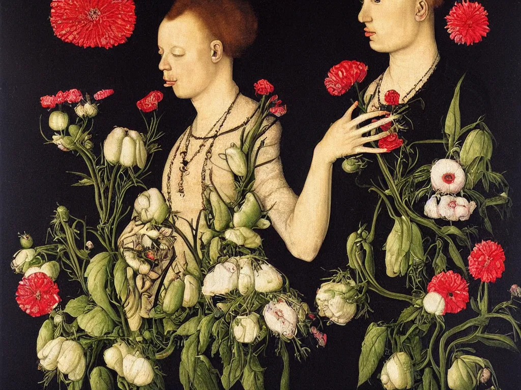 Image similar to The flower-eating weirdo. Portrait painting by Lucas Cranach.