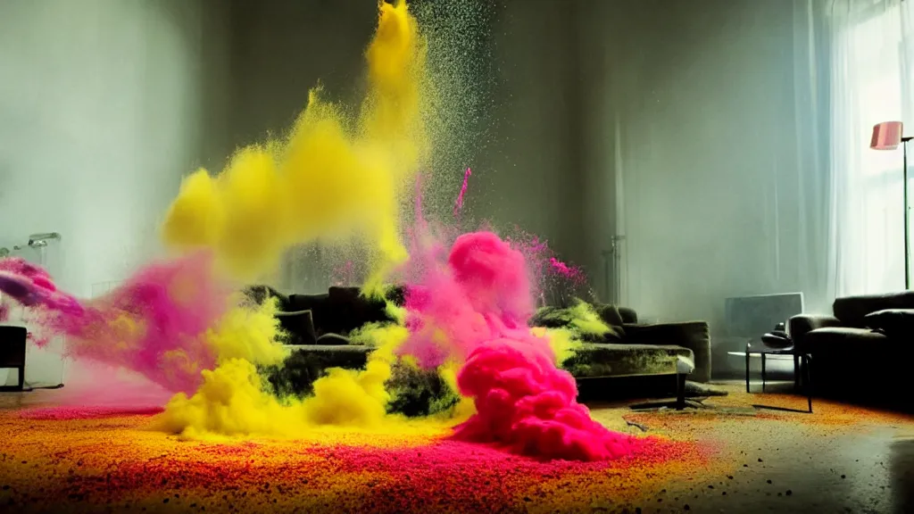 Image similar to colored powder explosion in the living room, film still from the movie directed by Denis Villeneuve with art direction by Salvador Dalí, wide lens