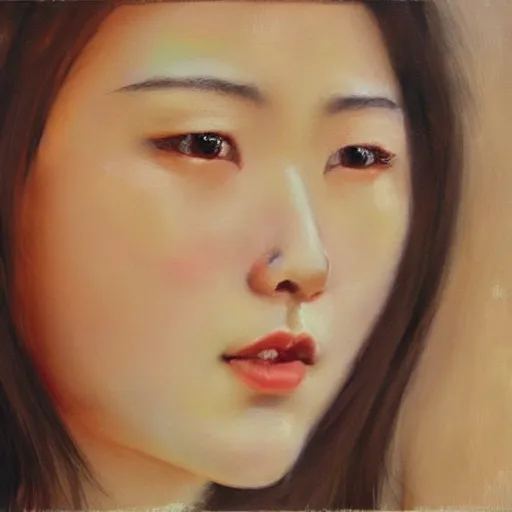 Image similar to perfect, realistic oil painting of close-up japanese girl face, by an American professional senior artist, Hollywood concept, dynamic composition and motion, postproduction.