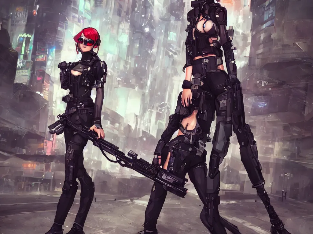 Image similar to fullbody portrait of a beautiful girl dressed in cyberpunk style, standing on street, holding a sniper rifle. by riot games, anime style, masterpiece, award - winning, trending on artstation and pixiv