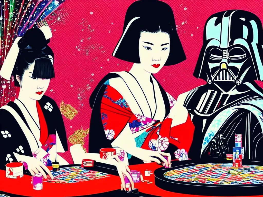 Image similar to hyperrealistic composition of the detailed woman in a japanese kimono sitting at a poker table with detailed darth vader, fireworks, mount fuji on the background, pop - art style, jacky tsai style, andy warhol style, acrylic on canvas