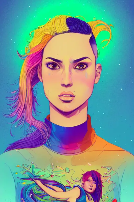 Image similar to a award winning half body portrait of a beautiful woman with stunning eyes in a printed croptop and cargo pants with rainbow colored ombre hairstyle head in motion and hair flying by josan gonzales, outrun, vaporware, shaded flat illustration, digital art, trending on artstation, highly detailed, fine detail, intricate