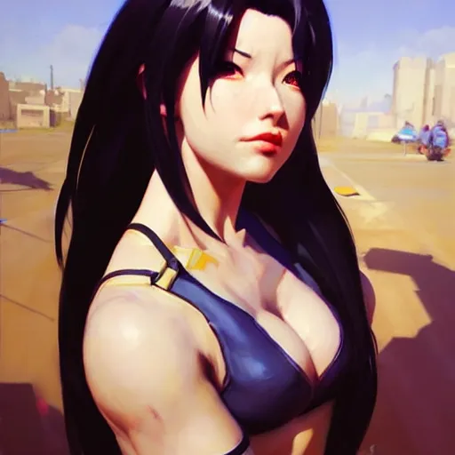 Image similar to Greg Manchess portrait painting o Tifa Lockheart as Overwatch character, medium shot, asymmetrical, profile picture, Organic Painting, sunny day, Matte Painting, bold shapes, hard edges, street art, trending on artstation, by Huang Guangjian and Gil Elvgren and Sachin Teng