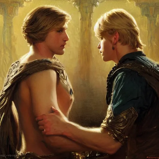 Image similar to attractive male, arthur pendragon who has blond hair confesses his love to attractive male, merlin who has dark hair. highly detailed painting by gaston bussiere, craig mullins, j. c. leyendecker 8 k