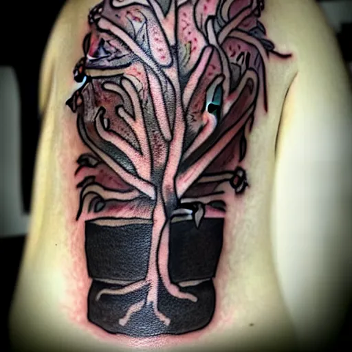 Image similar to traditional american tattoo art of a tree inside a rusted clock made of black liquid, tattoos exploding out, fine detail, sheet paper, white background