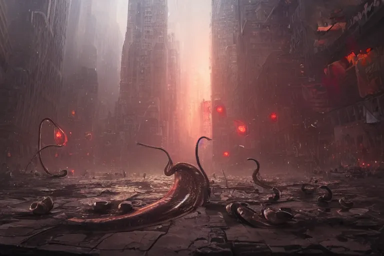 Image similar to apocalyptic snail monster destroys new york, eldritch horror, character art by Greg Rutkowski, 4k digital render