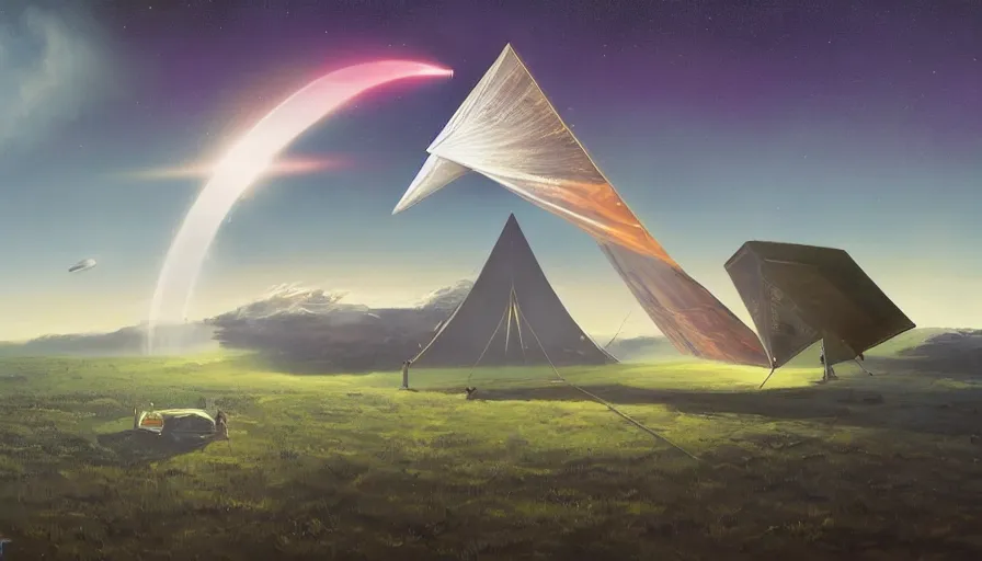 Prompt: solar sail unfolding infront of sun, in space, earth visible below, simon stalenhag