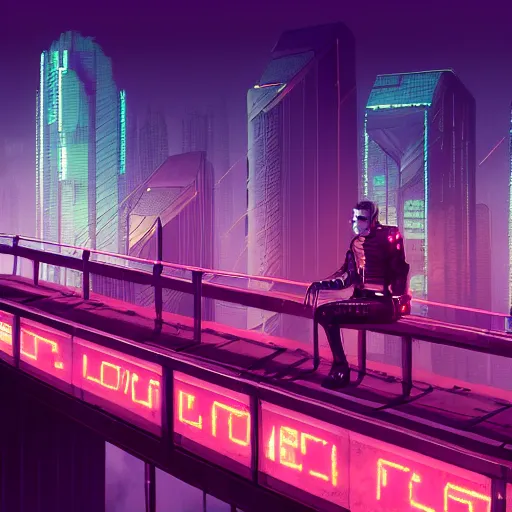 Image similar to a man standing on top of a bridge over a city, cyberpunk art by vincent lefevre, behance contest winner, altermodern, cityscape, synthwave, matte painting