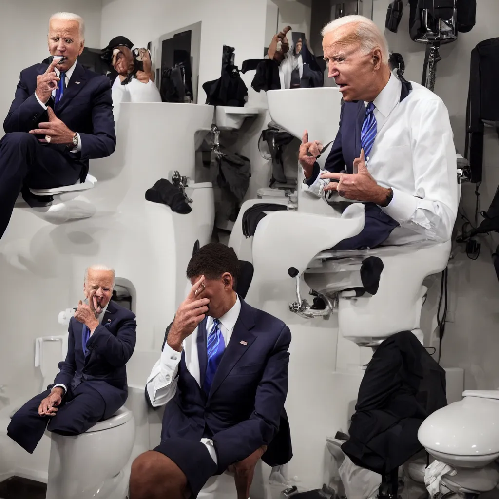 Image similar to joe biden picking his nose while sitting on the toilet, white press conference on cnn