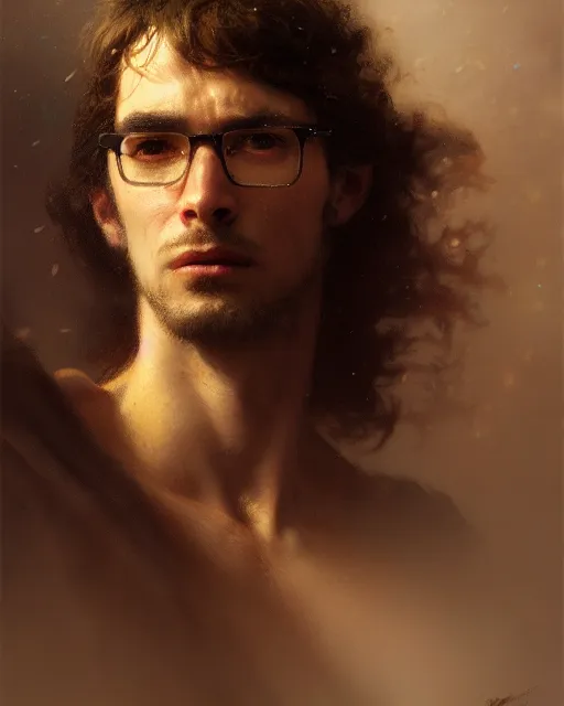 Image similar to a half body portrait of geek, high detail, cleary see face, by gaston bussiere, bussiere rutkowski andreas rocha, bayard wu, greg rutkowski, odd nerdrum, maxim verehin, dan dos santos, masterpiece, sharp focus, cinematic lightning