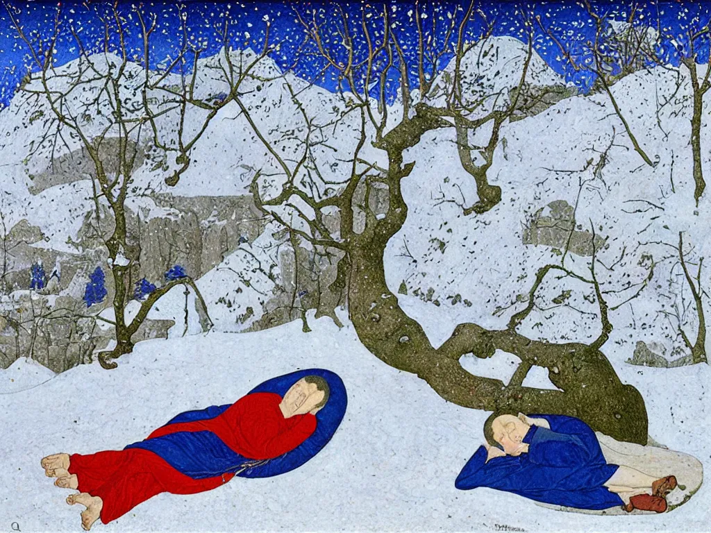 Image similar to portrait of a man sleeping in the snow. painting by limbourg brothers