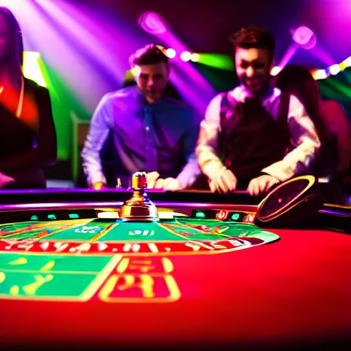 Prompt: dj playing roulette tables, nightclub, photorealistic, low light, coloured lights, people dancing, music, detailed