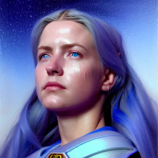 Image similar to ( ( ( ( ( hyperrealist distant portrait of jaina proudmoore on a blue planet where it rains colors. ) ) ) ) ) by donato giancola, fantasy, photorealistic, octane render, unreal engine, dynamic lighting, trending on artstation, poster, volumetric lighting, very detailed faces, 4 k, award winning