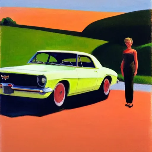 Image similar to Portrait with car, dated a woman that lived on Cooterneck Road, She had a catfish Camero and was cooler than me, by Edward Hopper and Bo Bartlett