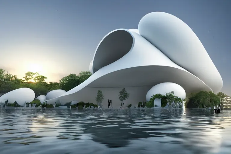 Image similar to a building formed by the intersection and fusion of many white spherical and egg - shaped spaces. on the calm lake, people's perspective modern curved architecture, future, wood, marble, metal award winning, highly detailed 4 k art, dusk, unreal engine highly rendered, global illumination, radial light, internal environment by kazuyo sejima