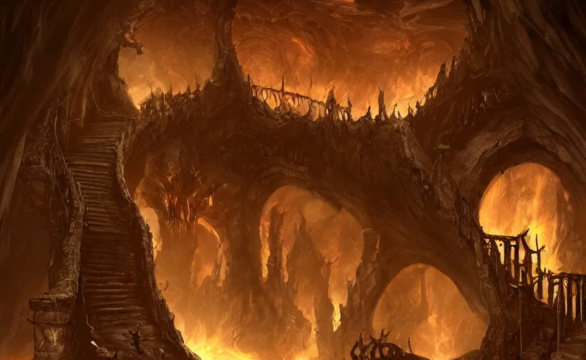Image similar to an infinitely long wretched winding crooked staircase leading down into the depths of hell, trending on artstation, doom eternal, dark souls