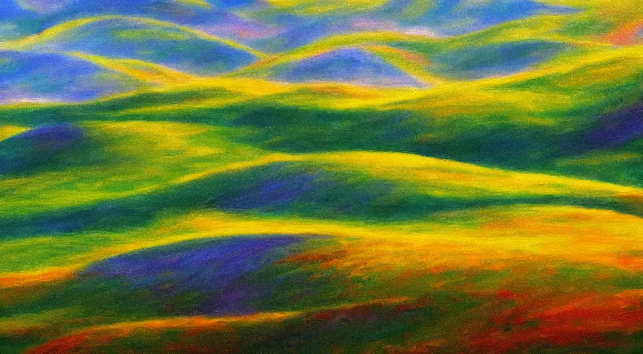 Prompt: Bliss Windows XP default wallpaper, beautiful stylish oil painting,