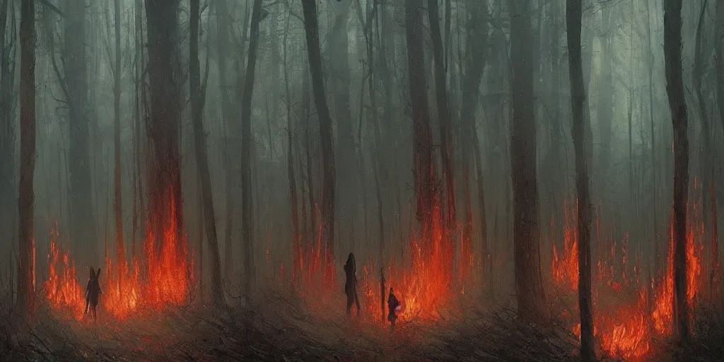 Image similar to a dark scary forest burning, dark atmosphere, elegant, ethereal horror fantasy art by greg rutkowski and magali villeneuve and claude monet