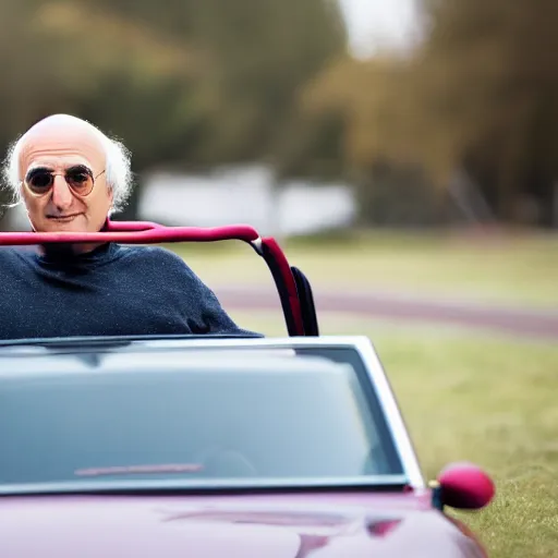 Prompt: larry david driving a toy car, canon eos r 3, f / 1. 4, iso 2 0 0, 1 / 1 6 0 s, 8 k, raw, unedited, symmetrical balance, wide angle