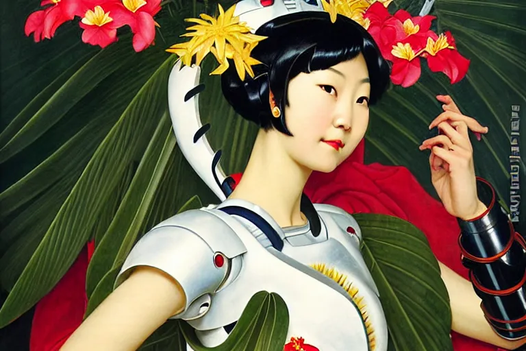 Image similar to a portrait of asian female with short black hair dressed with a robot knight plastic white armor dress from evangelion, sit in a throne surrounded by garlands of tropical fruits and flowers, masterpiece painted by jc leyendecker