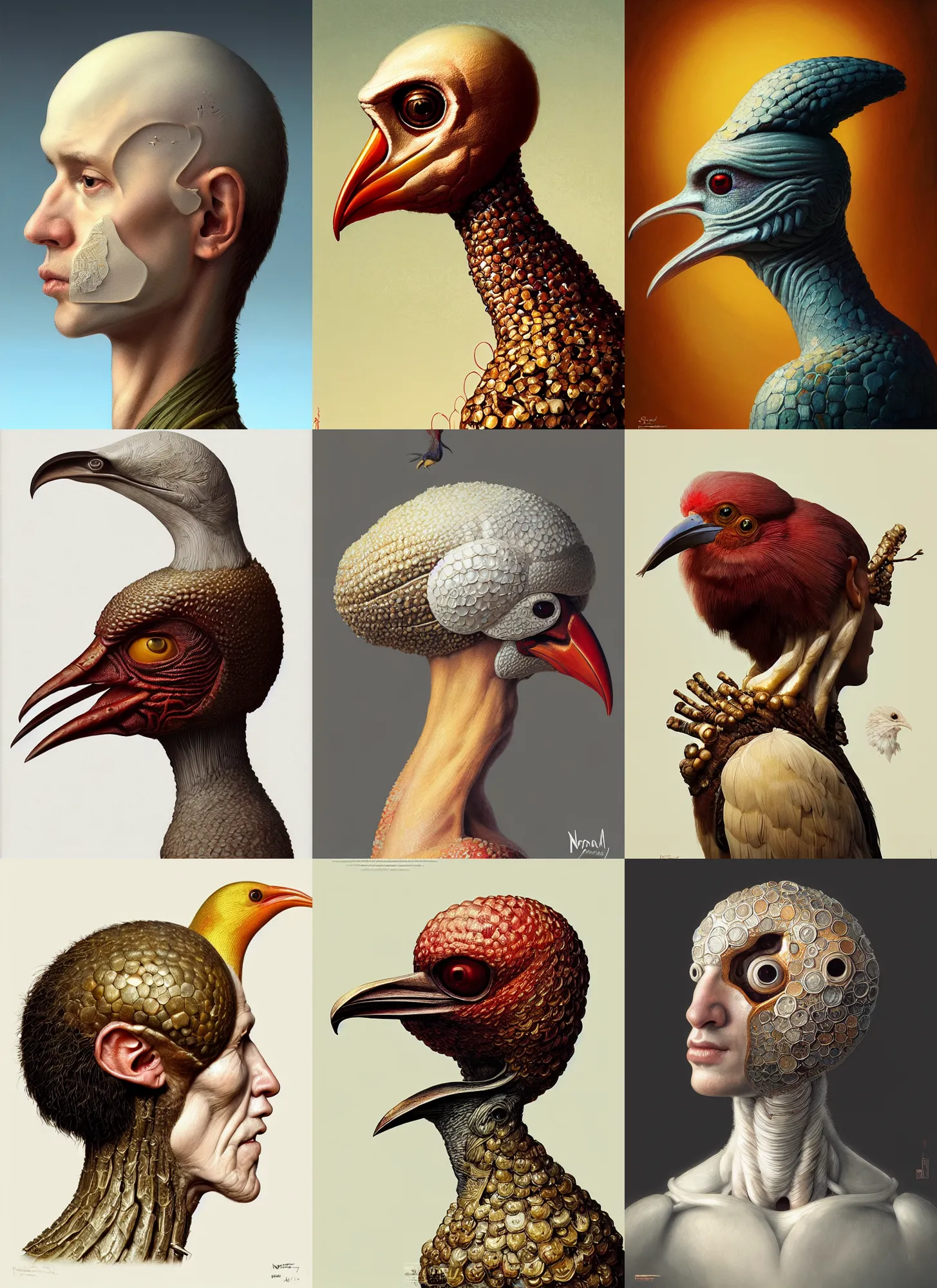 Prompt: rpg! profile! portrait of a fungus humanoid bird on white background, beak, intricate, highly detailed, digital painting, artstation, concept art, smooth, sharp focus, illustration, art by norman rockwell emiliano ponzi andrey remnev yoann lossel john currin aaron jasinski ivan albright hsiao - ron cheng, 8 k