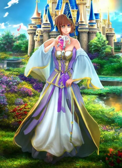 Image similar to a pleasant, beautiful, funny, smooth 3D CG render, semirealistic anime style, a noblepriestess magician girl wearing dress and jewelry, in a glorious magic kingdom, relaxing calm vibes, fairytale